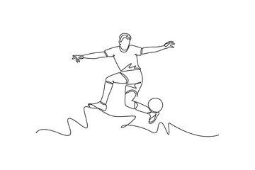 Single one line drawing young man soccer freestyle athlete mid-jump, juggling ball off his foot with arms wide. Fluid skill and dynamic control. Continuous line draw design graphic vector illustration