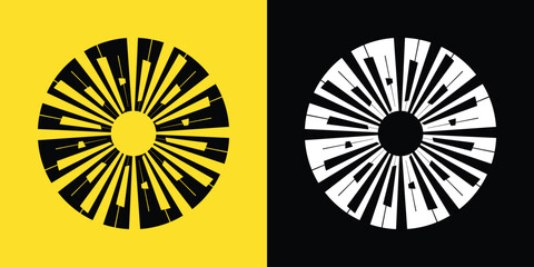 Circular pattern featuring piano key segments. Contrasting backgrounds add visual interest and a bold design.