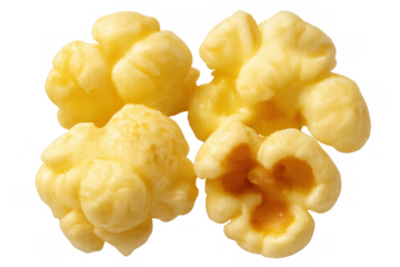 Freshly popped popcorn kernels with butter, a popular movie theater snack, transparent background