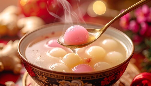 Dongzhi Festival Delight: Close-up of Tangyuan Being Served from a Bowl. Traditional Glutinous Rice Balls with Warm Broth.