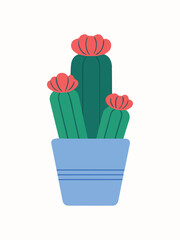 Three Blooming Cacti in Blue Pot | Modern Desert Houseplant Illustration