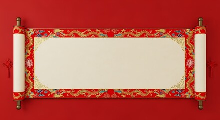 Hanging Decorative Scroll with Dragon Motif on Red Wall