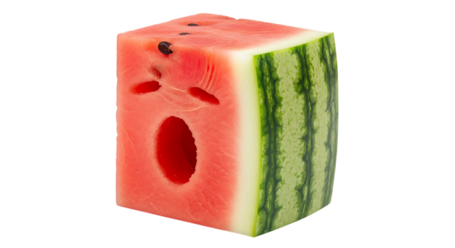 Freshly Cut Watermelon Cube Reveals Juicy Red Interior, Summer Fruit Delight, Quirky Food Design, Perfect for Healthy Eating Campaigns, Delicious Summer Treat