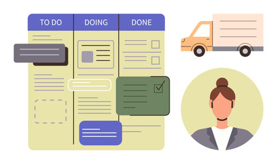 Task management board with three columns To Do, Doing, Done, a delivery truck, and a businesswoman avatar. Ideal for project management, teamwork, productivity, logistics organization planning