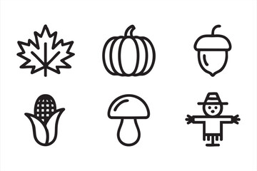 Fall harvest vector icons featuring pumpkin, corn, leaf, acorn, mushroom, and scarecrow