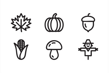 Autumn season line art symbols for Thanksgiving and farm-themed design projects