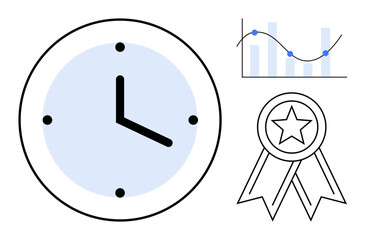 Clock highlighting time, chart showing performance trends, and star ribbon signifying achievement. Ideal for productivity, success, goal-setting, analytics, efficiency, organization simple flat