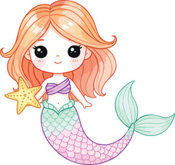 Cartoon mermaid, orange hair, purple seashell top, colorful tail, starfish, underwater, cute character, pastel style, fantasy, ocean, illustration, swimming, adorable, 