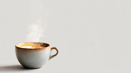 Steaming hot beverage in a neutral cup, on a light grey surface