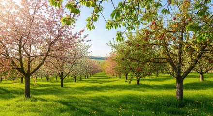 Fototapeta premium Blossoming Orchard: A scenic vista of a vibrant orchard in full bloom, with rows of blossoming trees casting a delicate pastel hue over the verdant meadow, embodying the spirit of spring.