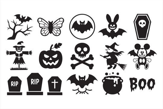Black Halloween symbols including witch, cauldron, gravestones, and spooky creatures