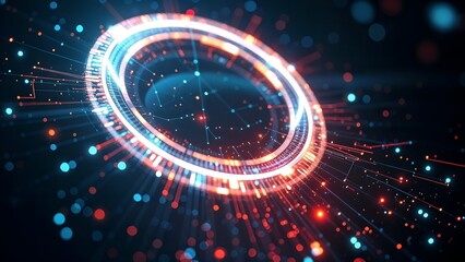 futuristic glowing energy ring in a digital matrix particle, interconnected lines and dots, starry cosmic sci-fi background