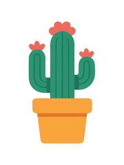 Tall Saguaro Cactus with Red Flowers in Orange Pot Flat Illustration