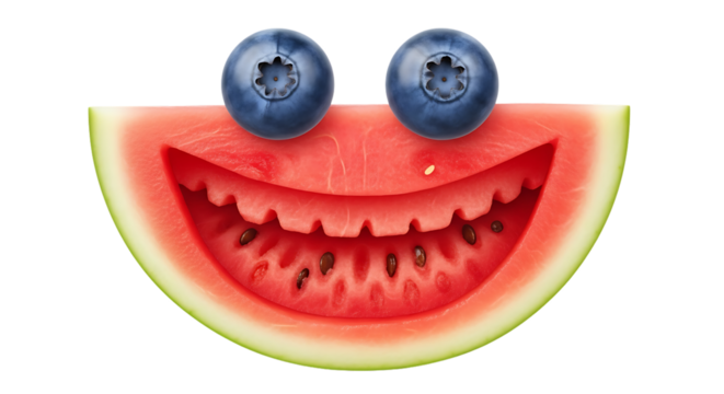 Whimsical watermelon smile with blueberry eyes, a playful summer fruit character that brings joy and healthy eating vibes to any project