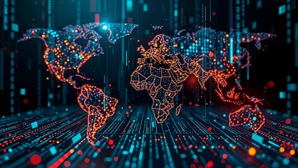world map with digital data stream network grid, global connectivity and technology, cyberpunk style