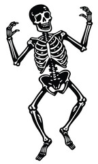 Dancing skeleton silhouette set in vintage Halloween style, spooky festive bone characters dancing