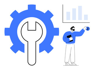 Person holding documents and analyzing a diagram near a gear with a wrench inside. Ideal for maintenance, engineering, analysis, problem-solving, technology, strategy, development, simple flat