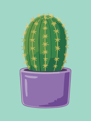 Tall Green Spiky Cactus in Purple Pot on Mint Green Background Illustration