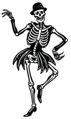 Dancing skeleton silhouette set in vintage Halloween style, spooky festive bone characters dancing