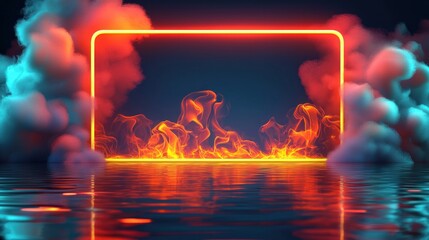 Fiery Neon Frame on Water Surface with Smoke and Reflection