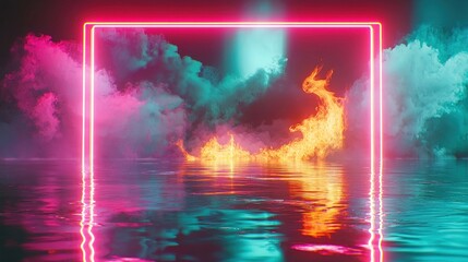 Abstract neon square frame with fire and smoke over water reflections, vibrant cyberpunk and futuristic concept
