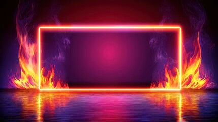 Dramatic empty stage featuring a burning red rectangular neon frame with intense fire and smoke against a dark purple background and wet floor reflections
