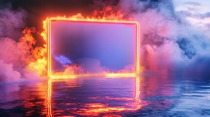 Glowing rectangular frame with fiery edges reflecting on wet surface surrounded by mystical clouds