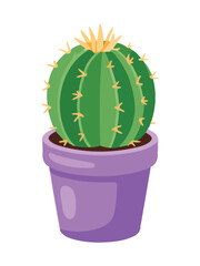 Round Barrel Cactus with Yellow Spines in Purple Pot Illustration