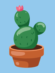 Cute Round Cactus with Pink Flower in Terracotta Pot on Blue Background Illustration