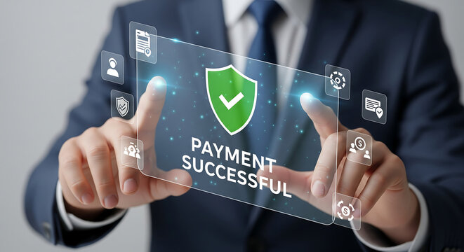 Businessman interacts with successful payment confirmation screen transaction security isolated on a transparent background