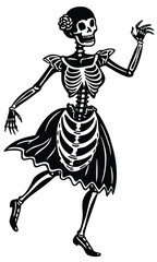 Dancing skeleton woman silhouette set in vintage Halloween style, spooky festive bone characters dancing