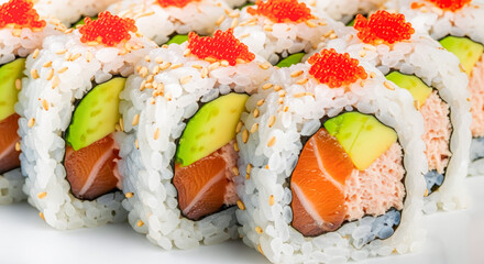 Macro shot of neatly arranged sushi rolls (California Roll) filled with salmon, avocado, and creamy mix, topped with tobiko and sesame for vibrant presentation.