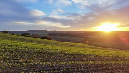 Golden sunset paints vibrant hues across rolling green farmland, a landscape of peaceful growth and natural beauty, promising a bountiful harvest under the warm, radiant evening sky
