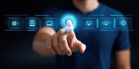 Interactive technology engagement modern workspace digital interface futuristic environment close-up view user interaction concept