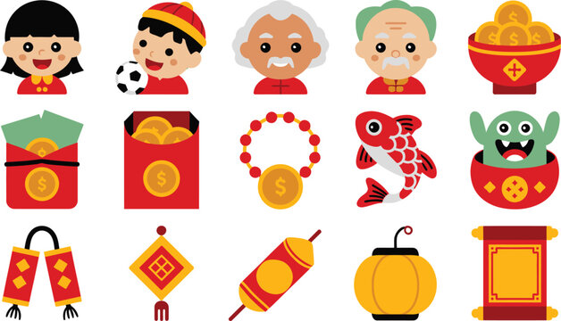 Chinese New Year Flat Icons People, Symbols, Red Envelopes, Decorations, and More Celebration Illustrations
