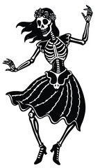 Dancing skeleton woman silhouette set in vintage Halloween style, spooky festive bone characters dancing