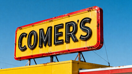 Yellow and red sign with COMERS text