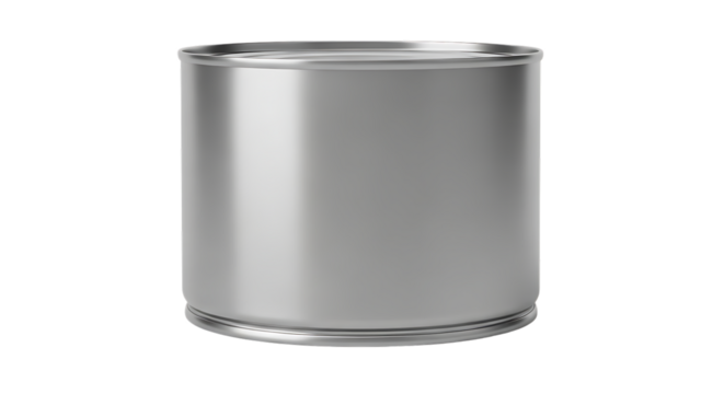 Shiny silver metal food can for product mockups, label design, and packaging templates, ideal for showcasing food branding with modern, minimalist style