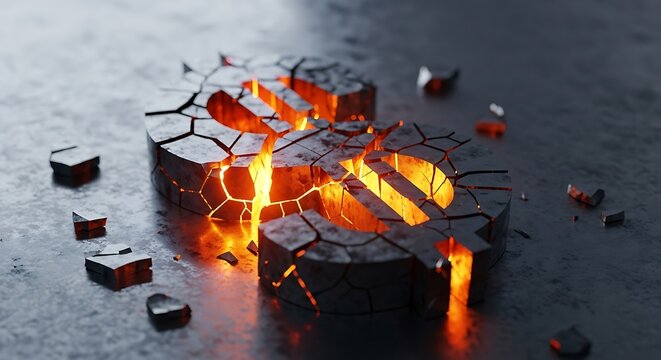Cracked Dollar Sign with Glowing Interior Representing Financial Crisis and Recession