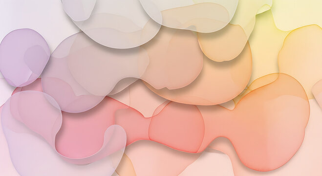 A soft, gentle abstract background composed of overlapping, translucent organic shapes resembling fluid cells or clouds, transitioning subtly across a pastel color gradient from purple and pink - Powered by Adobe