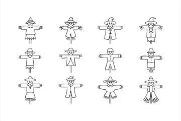 Whimsical scarecrow line art icon set for autumn harvest and farm graphics