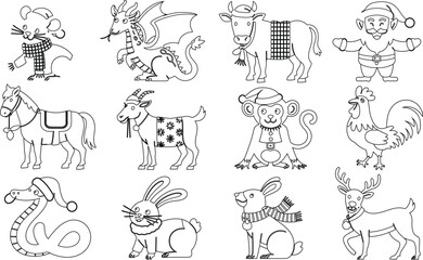 Fototapeta premium Coloring Page Featuring Twelve Cartoon Animals Dressed for Christmas and Winter Holiday Season