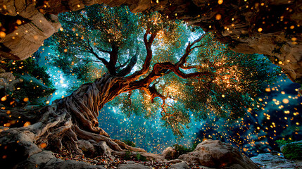 Mystical tree glowing with firefly-like lights, lush green leaves and sunlight in fantasy forest. forest fantasy wallpaper