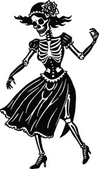 Dancing skeleton woman silhouette set in vintage Halloween style, spooky festive bone characters dancing