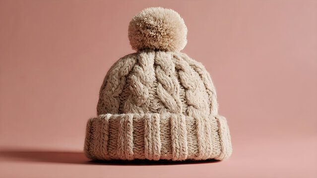 Cozy cream cable knit beanie with fluffy pompom, perfect for winter warmth and stylish cold weather adventures - Powered by Adobe