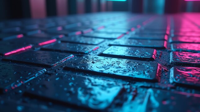 Wet pavement with neon lights and reflections