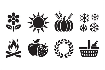 Strong black silhouette icons for spring, summer, autumn, and winter design