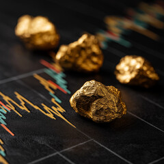 Raw gold nugget clean financial chart background precious metal value market.