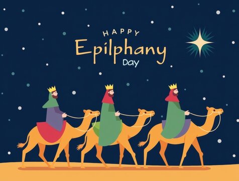 Three wise men on camels under a starry night sky celebrating epiphany - Powered by Adobe