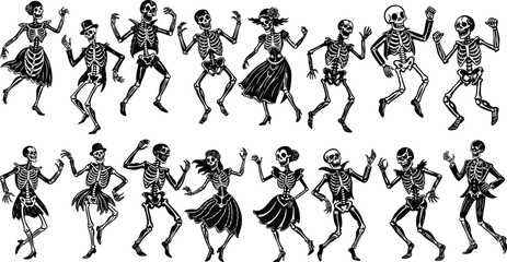 Dancing skeleton silhouette set in vintage Halloween style, spooky festive bone characters dancing collection